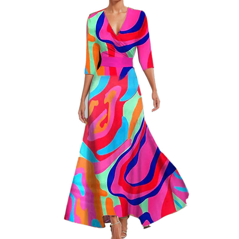 Fashion Print Half-sleeve V-neck Dress Temperament Slim Tight Waist Dresses For Women
