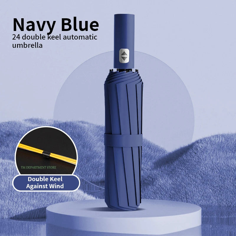 24 Bone Windproof anti-UV Fully Automatic Large Umbrella 3 Folding Ribs Double Umbrella Travel Rain Men Women Umbrellas UPF Gift