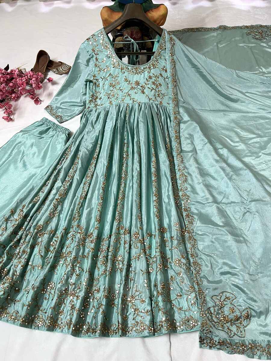 Stunning DESIGNER CHINON SILK ZARI AND SEQUENCE EMBROIDERY WORK GOWN BOTTOM WITH DUPATTA SKY in elegant turquoise.