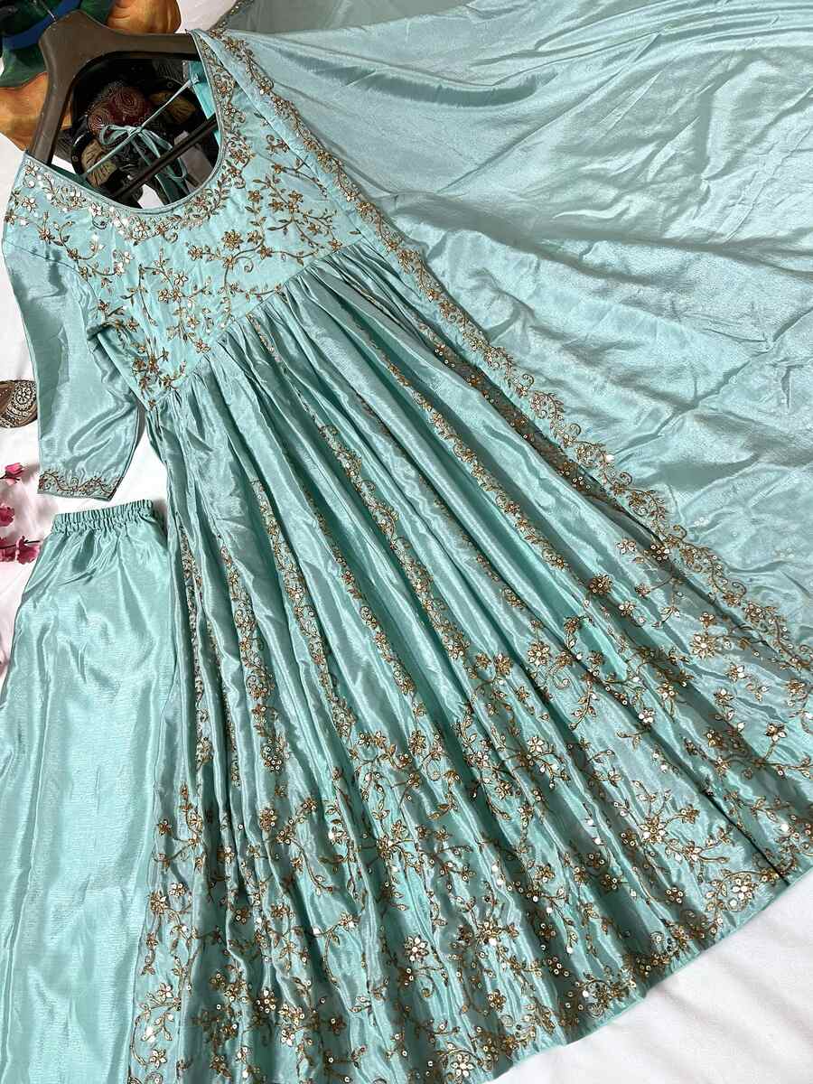 Elegant DESIGNER CHINON SILK ZARI AND SEQUENCE EMBROIDERY WORK GOWN BOTTOM WITH DUPATTA SKY, perfect for special occasions.