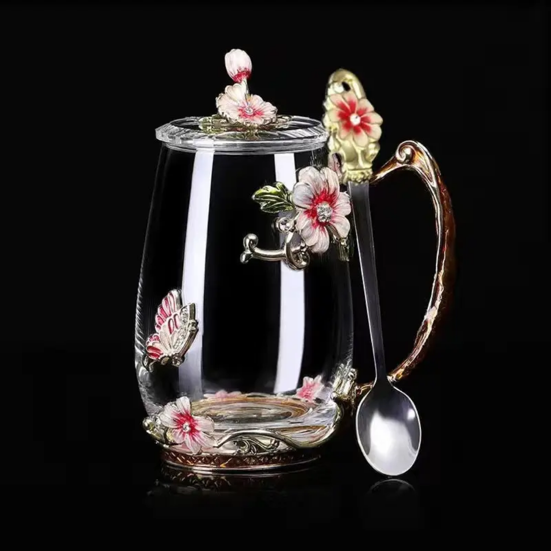 Color full flower designed coffee cup set with designed spoon, crafted from eco-friendly glass, perfect for gifts.