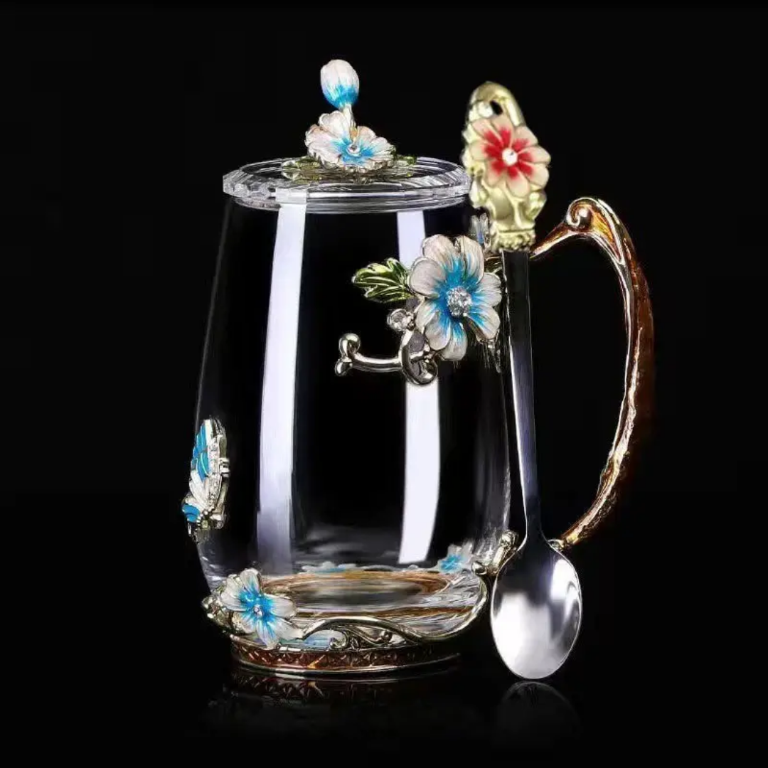 Color full flower designed coffee cup set with designed spoon, eco-friendly glass, perfect for gifting or travel.