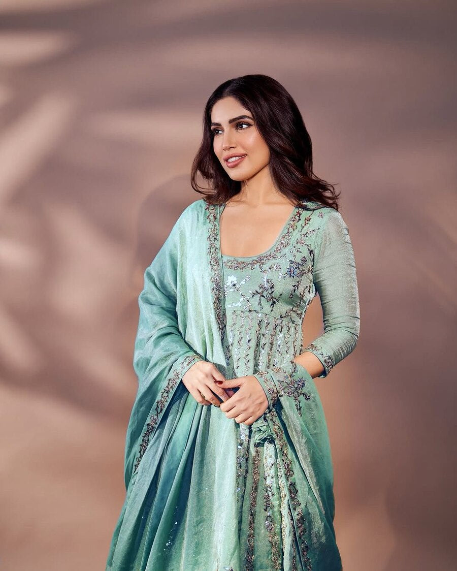 Elegant DESIGNER CHINON SILK ZARI AND SEQUENCE EMBROIDERY WORK GOWN BOTTOM WITH DUPATTA SKY showcases exquisite craftsmanship.