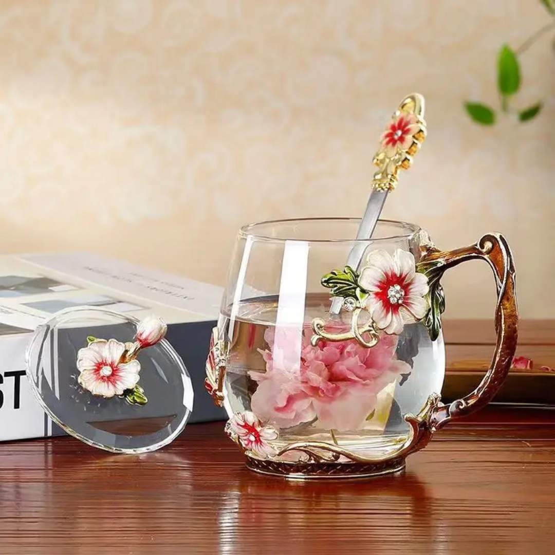 Color full flower designed coffee cup set with designed spoon, ideal for eco-friendly gifting and travel occasions.