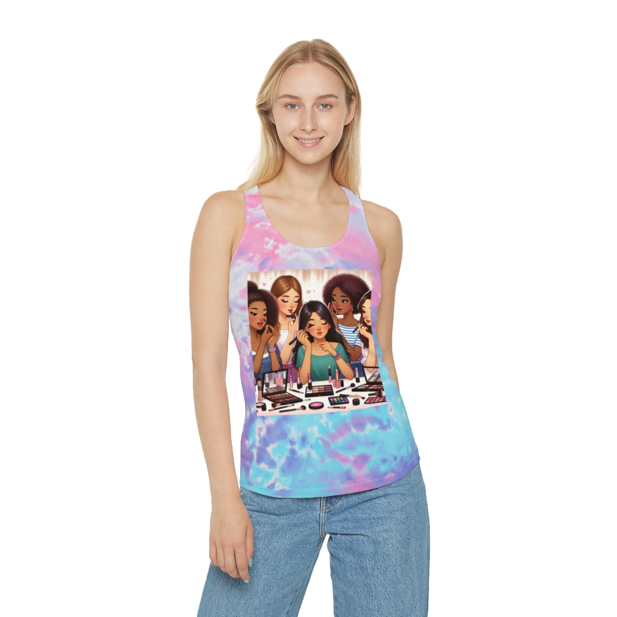 Chic Tie Dye Racerback Tank Top for Fashionistas, perfect for summer style, beachwear, and girls' night out fun.