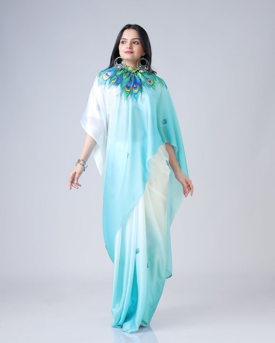 Stunning FANCY LUXURIOUS SATIN GEORGETTE NEW CONCEPT HOLE IN PALLU DIGITAL PRINTED SAREE WITH UNSTITCHED BLOUSE SKY.