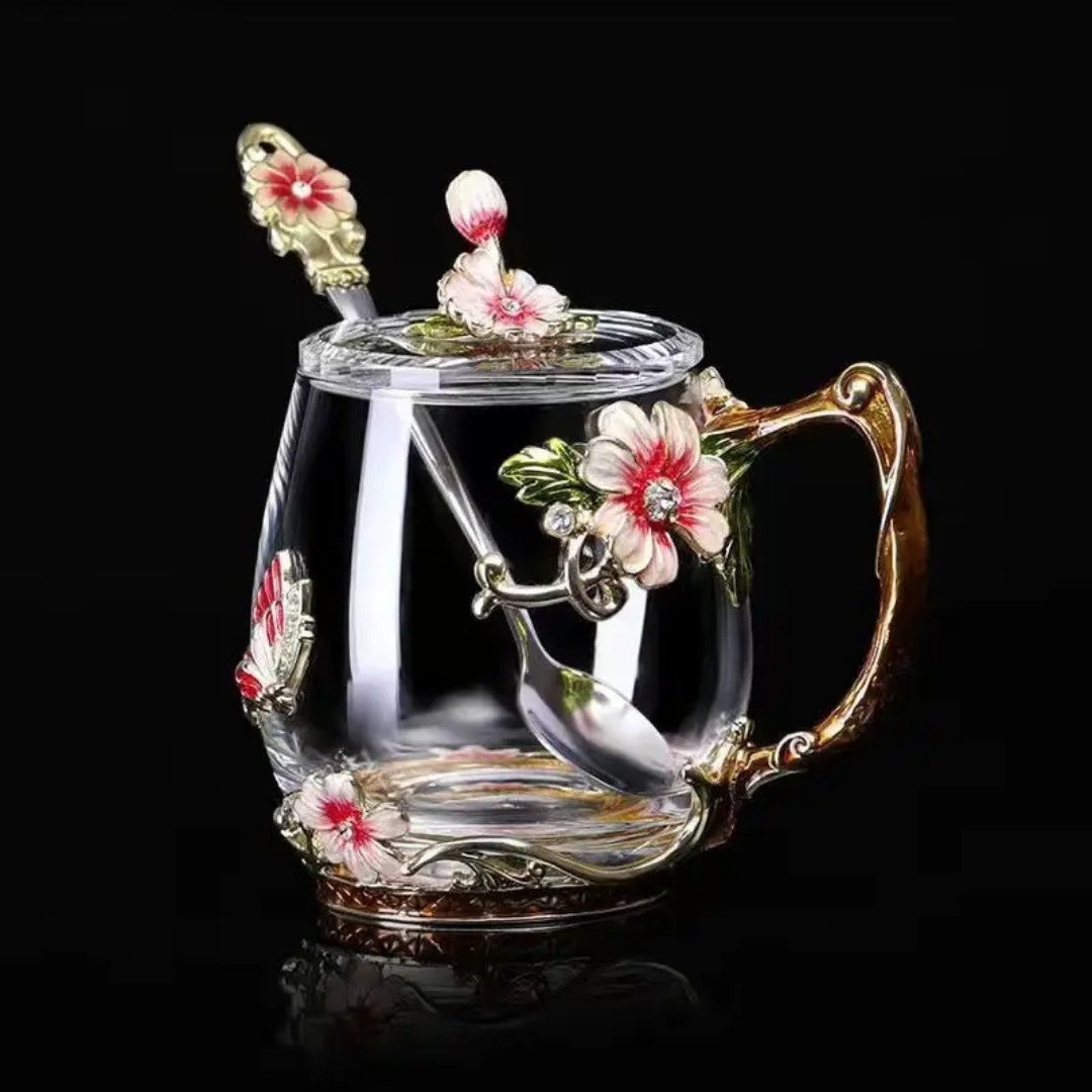 Color full flower designed coffee cup set with designed spoon, crafted from eco-friendly glass for stylish sipping.