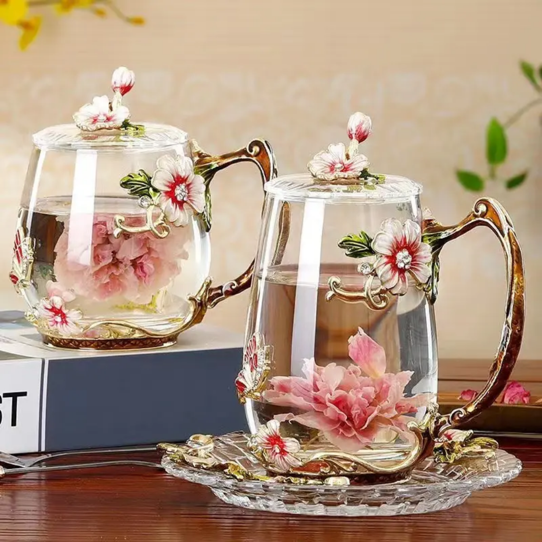 Color full flower designed coffee cup set with designed spoon, featuring elegant glass and eco-friendly materials.