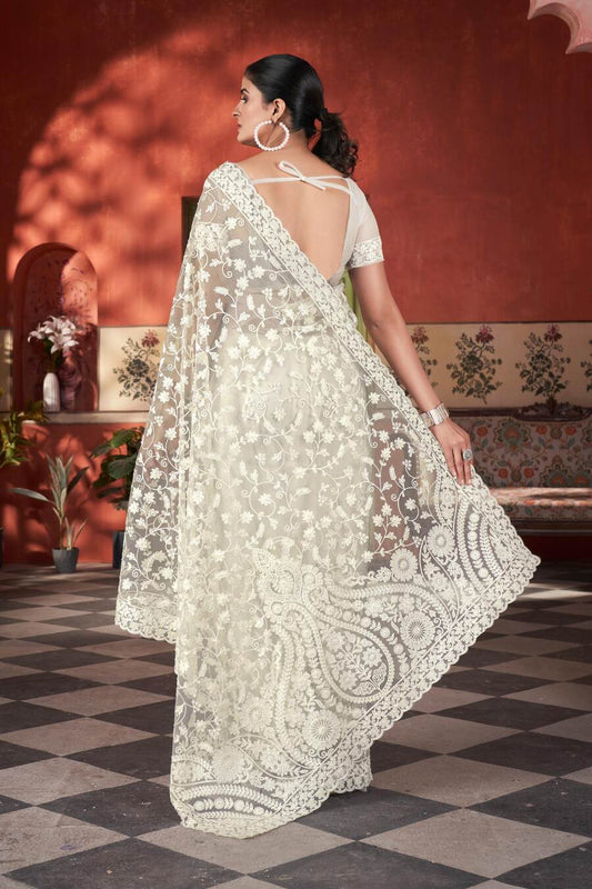 ATTRACTIVE BUTTERFLY NET EMBROIDERY WORK SAREE WITH UNSTITCHED BLOUSE WHITE