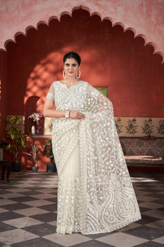 ATTRACTIVE BUTTERFLY NET EMBROIDERY WORK SAREE WITH UNSTITCHED BLOUSE WHITE
